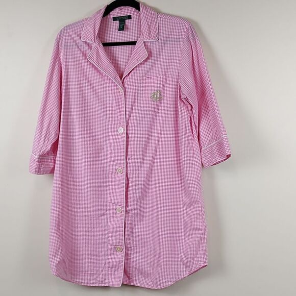 Lauren Ralph Lauren Pink Mini Gingham Button Front Sleepshirt - Picture 1 of 13